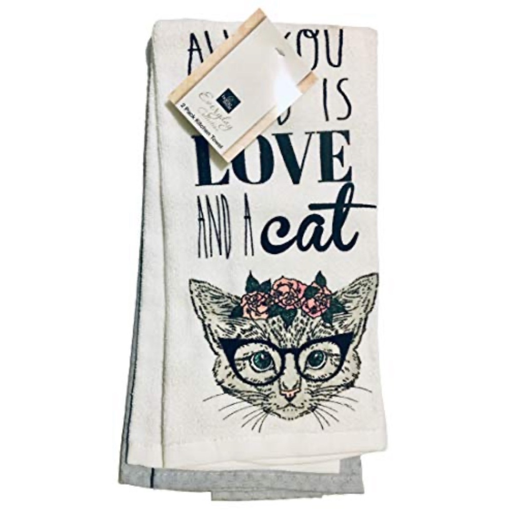Homewear Watercolor Love and a Cat Kitchen Tea Towels, Floral Head Band, 2 ct